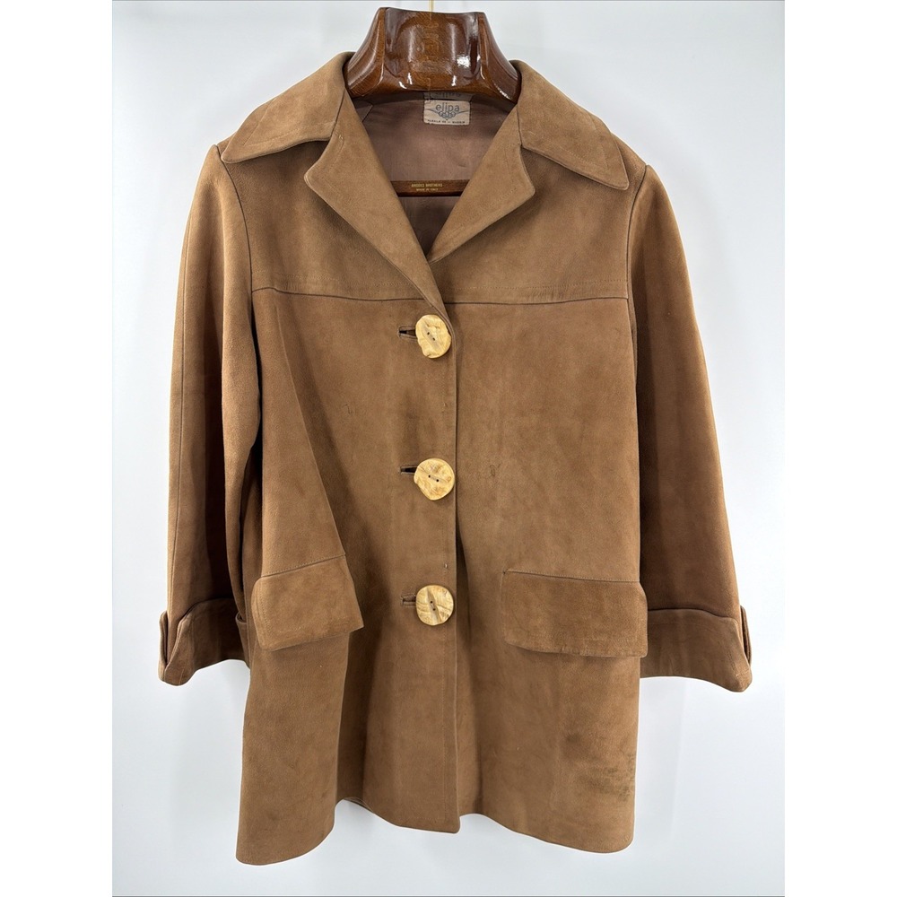 Vintage Tan Brown Suede Leather Mid Length Button Front Jacket Women's Large Y2K